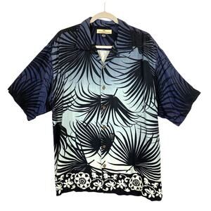 Tommy Bahama 100% Silk Shirt Blue Palm Print Button Up Short Sleeve